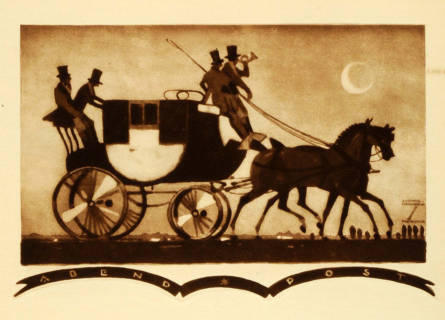 1926 Photogravure Ludwig Hohlwein Carriage Horses Night German Cigar Package Art