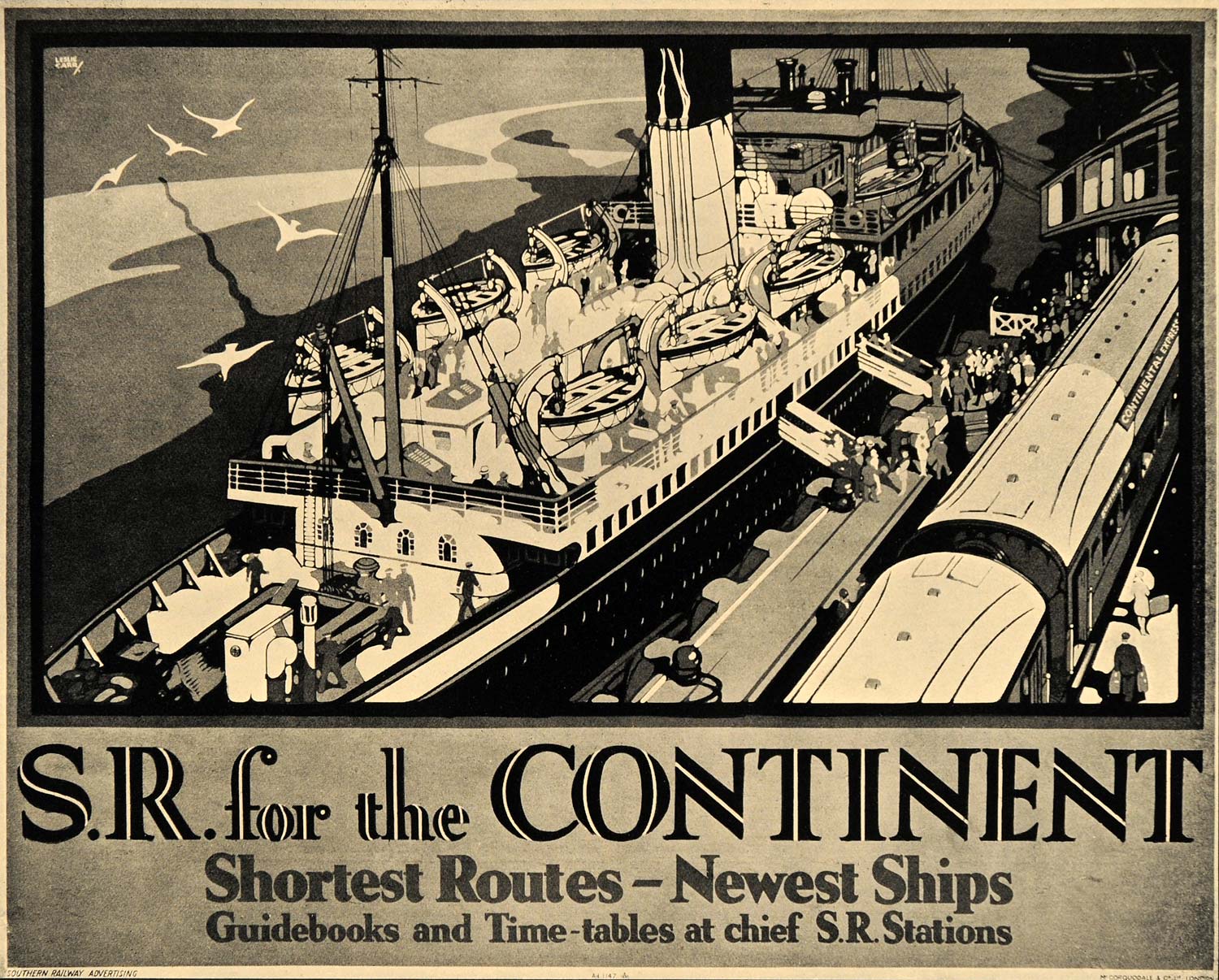1933 Southern Railway Ship Leslie Carr Poster B/W Print ORIGINAL HISTORIC POSA6