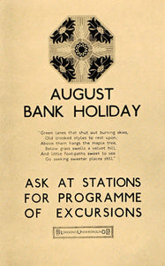 1933 London Underground August Bank Holiday Poster B/W Decorative Floral POSA6