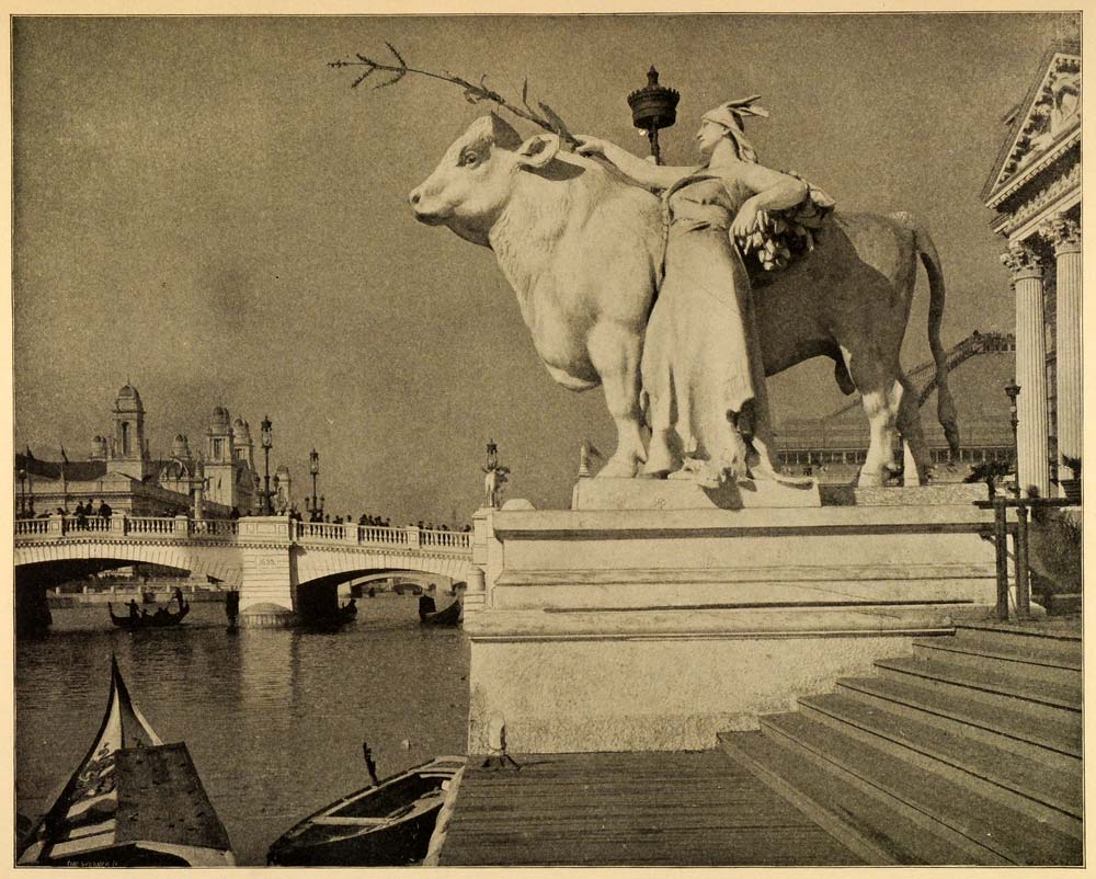 1899 Print 1893 Chicago Worlds Fair Grand Basin Boat Landing Statue PPB1