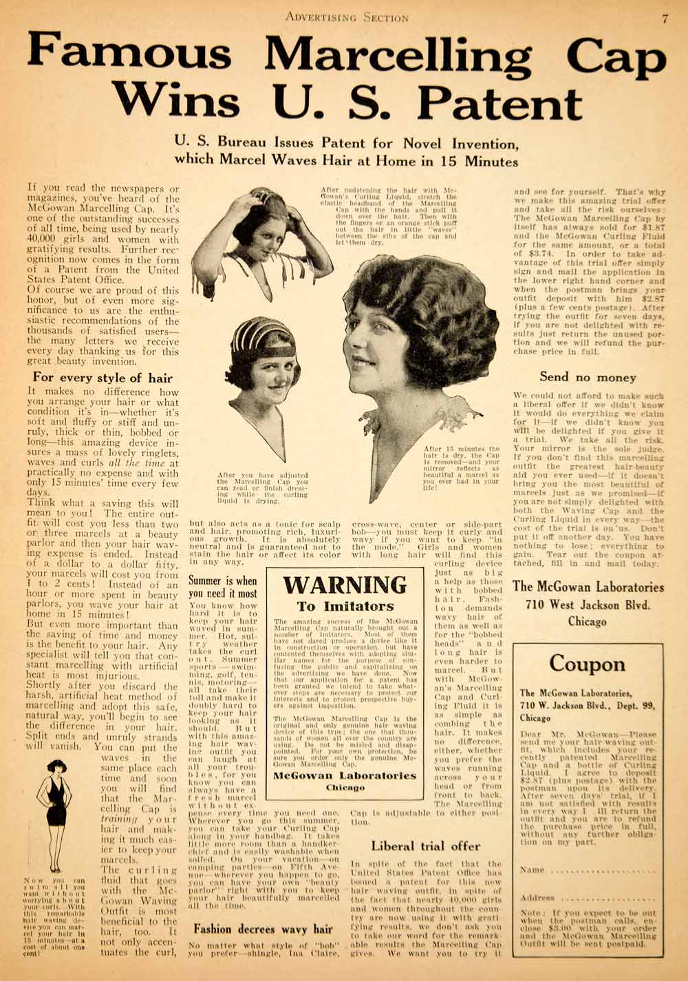 1925 Ad Marcelling Cap Wavy Hair McGowan Laboratories 710 West Jackson Blvd PPM1
