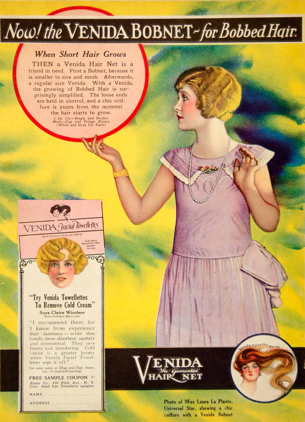 1925 Ad Venida Bobnet Bob Hair Net Towellettes Claire Windsor Laura La PPM1