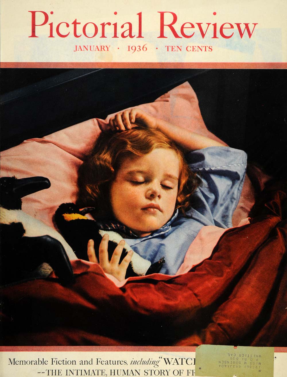 1936 Cover Pictorial Review Magazine January Child Girl Sleeping Penguin Toy PR2