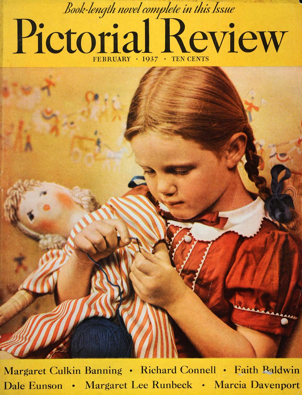 1937 Cover Pictorial Review Magazine February Girl Sewing Doll Yarn Red PR2