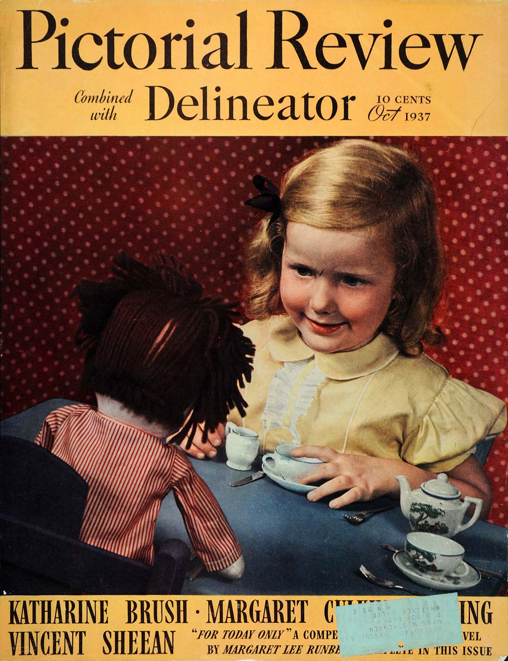1937 Cover Pictorial Review Oct. Tea Party Child Doll Girl Playing Yellow PR2