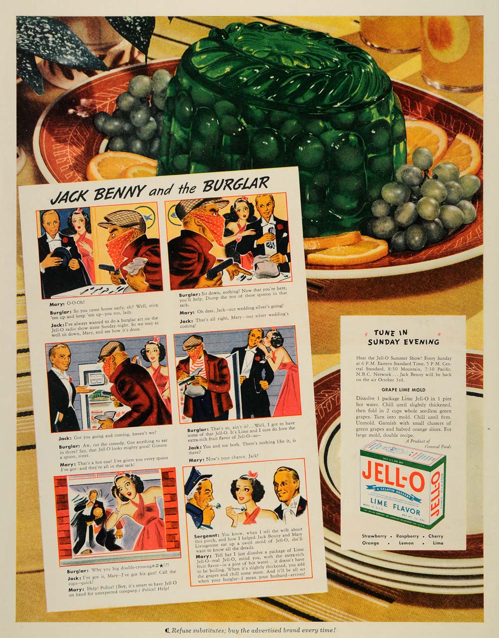 1937 Ad Jell-O Lime Flavor Summer Show Jack Benny Fruit Flavored Jelly PR2