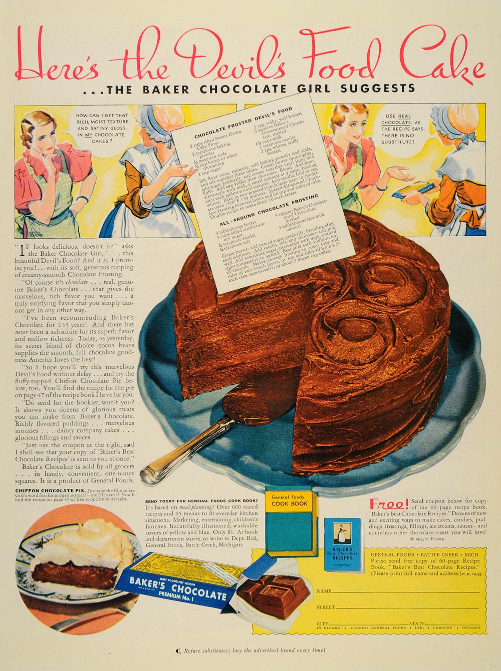 1933 Ad Baker's Chocolate Devil's Food Cake Recipe Pie Cocoa Products PR2