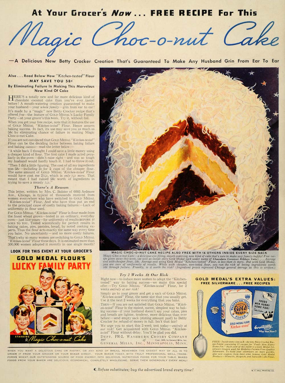 1936 Ad Gold Medal Flour Magic Choc-o-nut Cake Food Coconut Frosting Dessert PR2