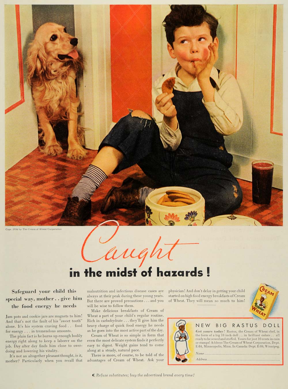 1936 Ad Cream of Wheat Food Breakfast Cereal Boy Eating Cookies Cocker PR2