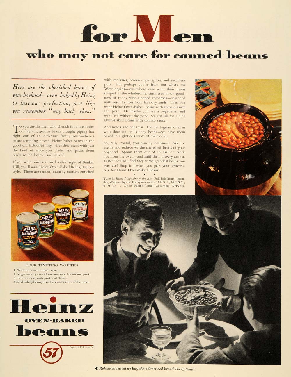 1937 Ad Heinz Oven Baked Beans Tomato Sauce Canned Food Family Dinner Meal PR2