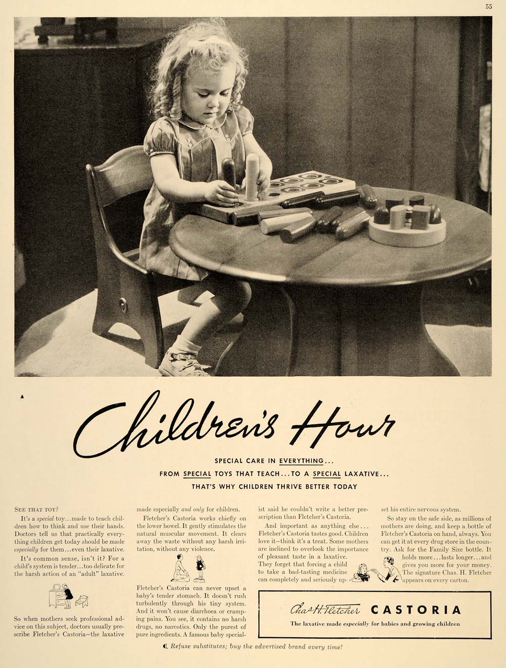 1937 Ad Fletcher's Castoria Children Laxative Castor Oil Drug Mild Child PR2