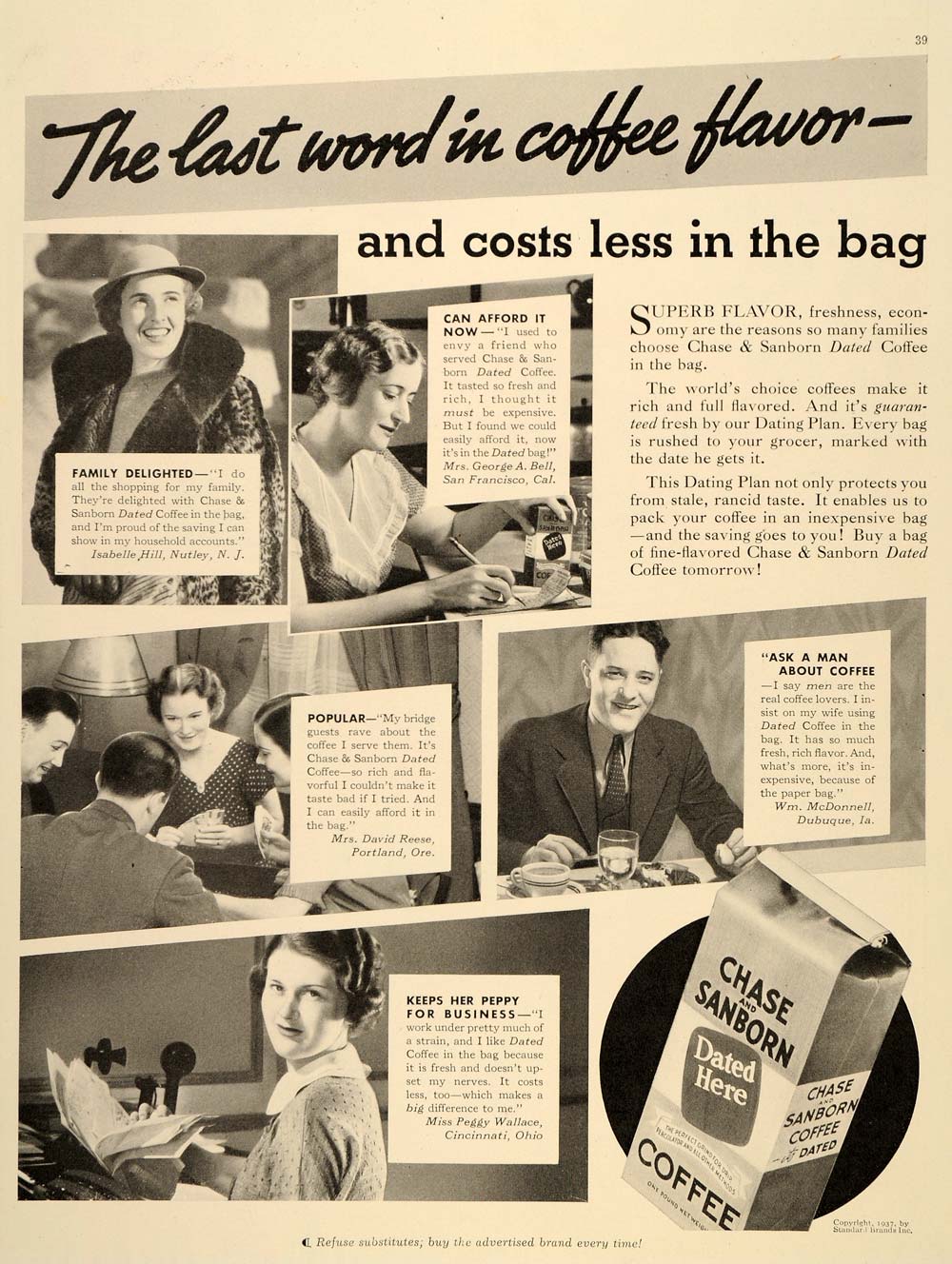 1937 Ad Chase Sanborn Dated Coffee Drinkers Package Bag Hot Beverage Drink PR2