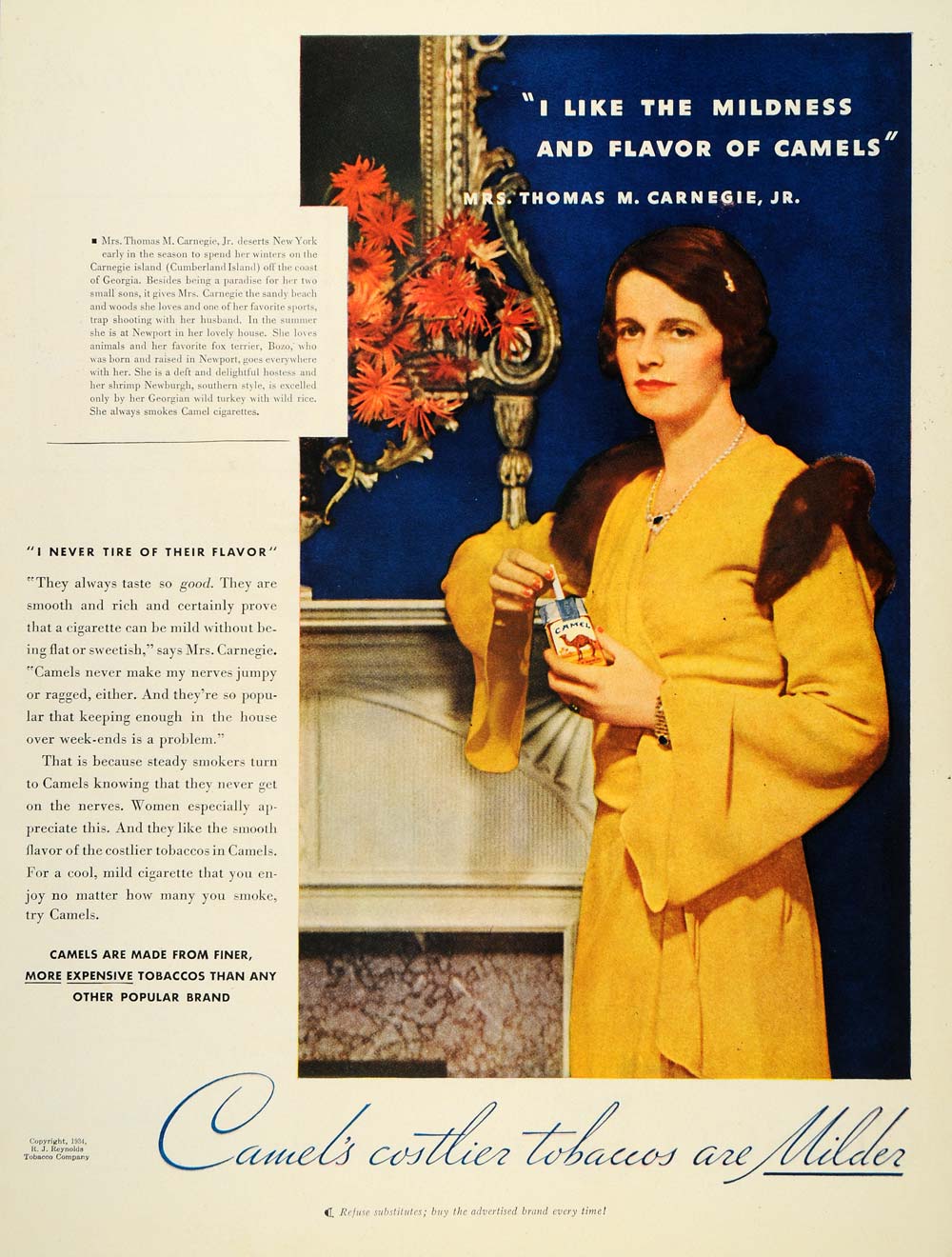 1934 Ad R. J. Reynolds Tobacco Camel Cigarettes Carnegie Mild Woman Smoking PR2