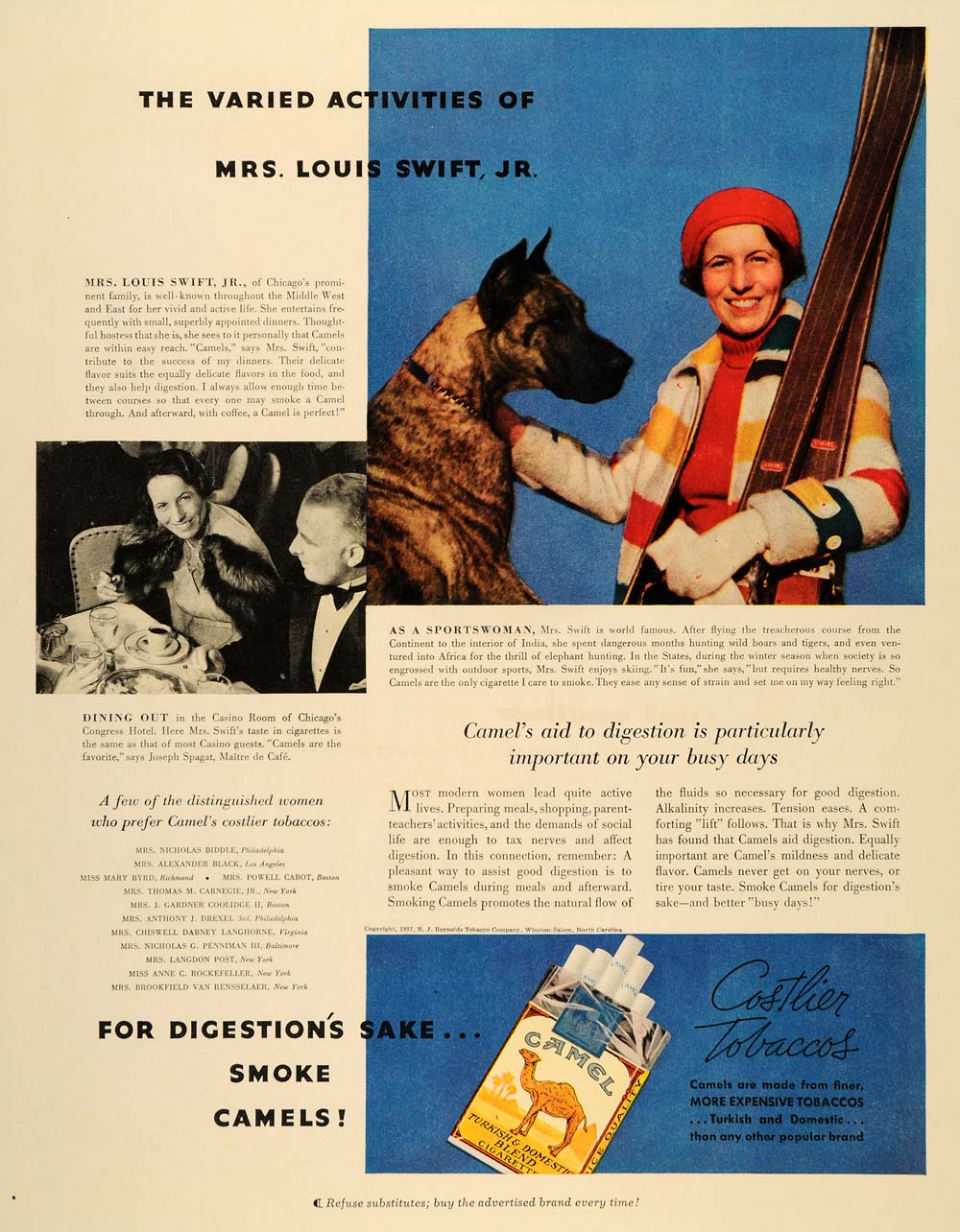 1936 Ad Reynolds Camel Cigarettes Mrs. Louis Swift Jr Pet Great Dane Chicago PR2