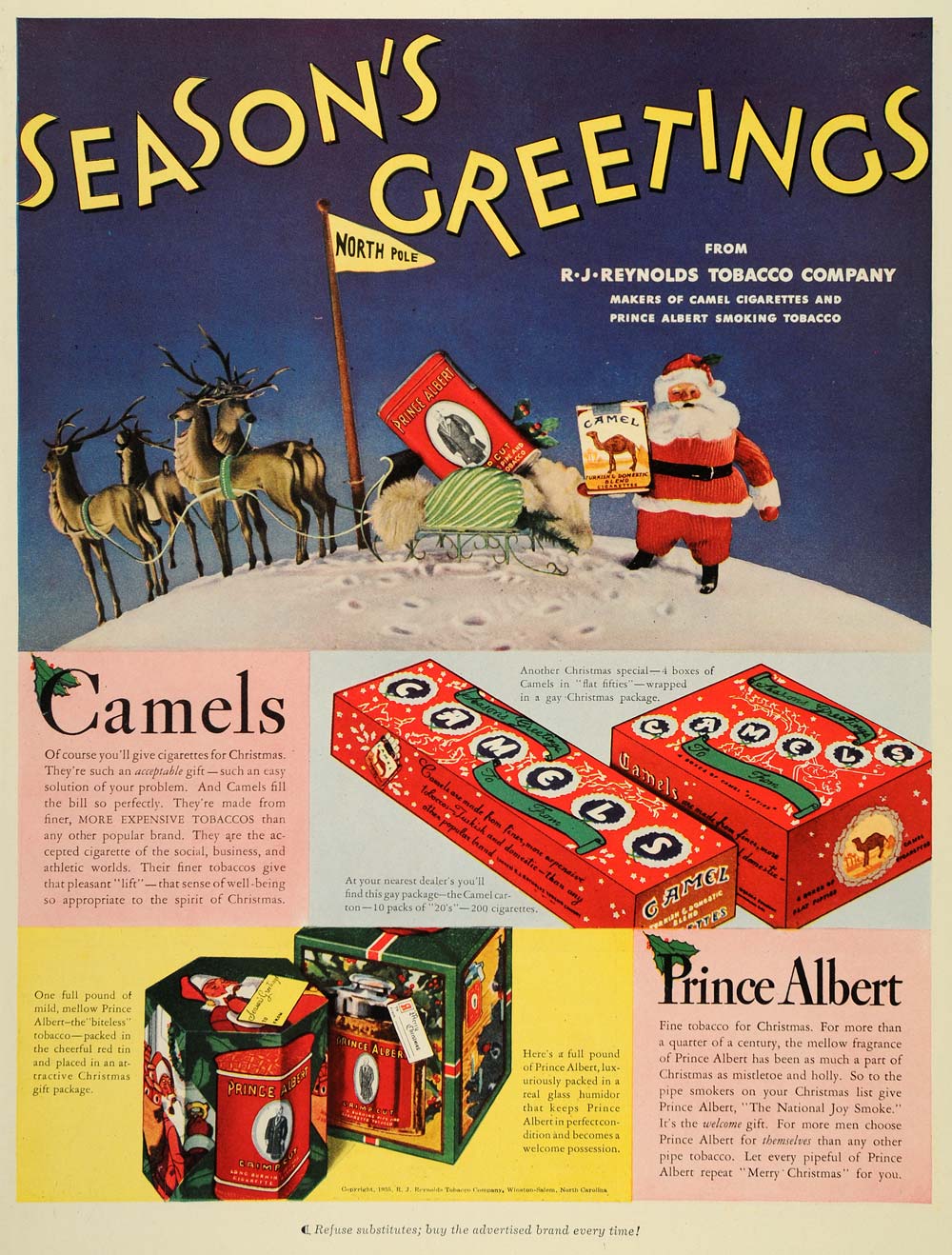 1936 Ad R J Reynolds Tobacco Camels Prince Albert Pipe Christmas Deer Santa PR2