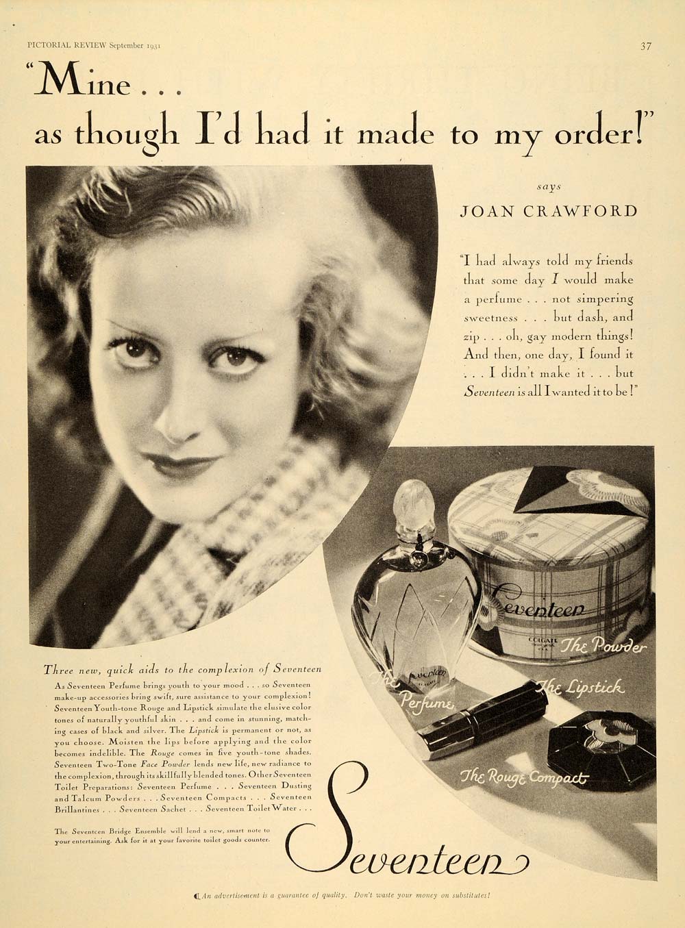 1931 Ad Seventeen Beauty Product Powder Perfume Joan Crawford Cosmetics PR2