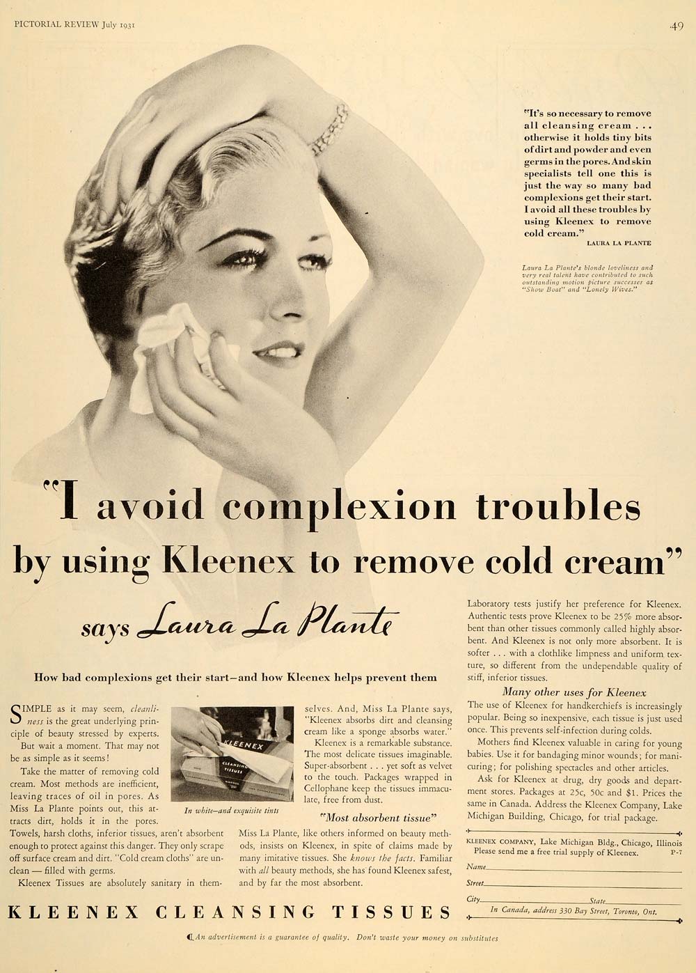 1931 Ad Kleenex Cleansing Tissues American Actress Laura La Plante Chicago PR2