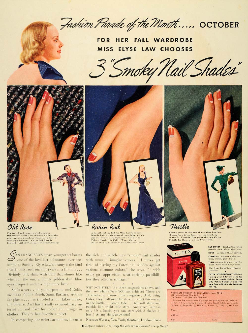 1937 Ad Cutex Creme Polish Shades Old Rose Elyse Law Del Monte Nail Art PR2 - Period Paper
