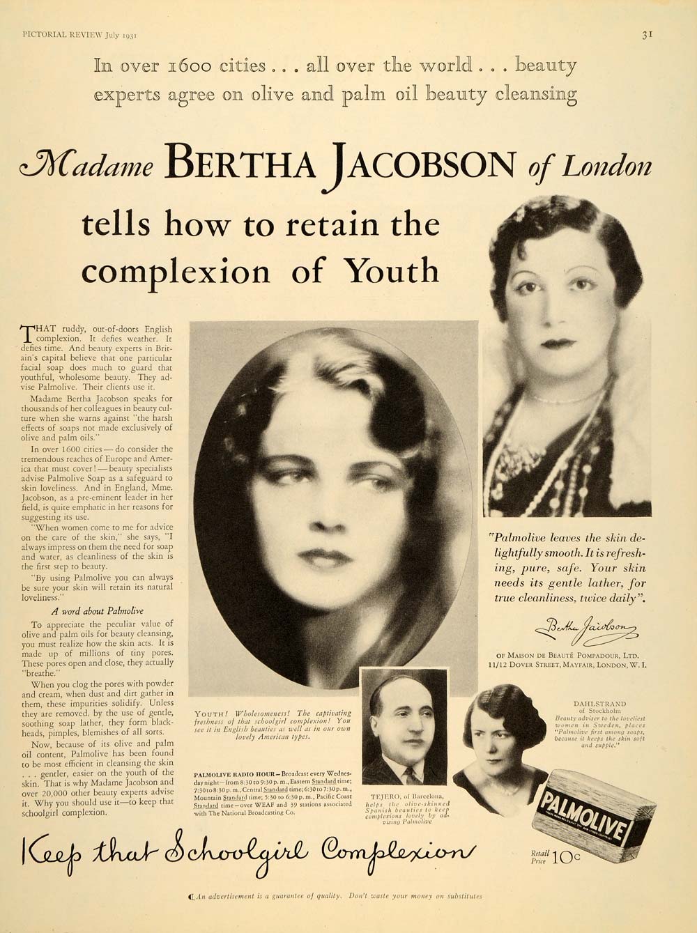 1931 Ad Palmolive Skin Soap Madame Bertha Jacobson - ORIGINAL ADVERTISING PR2