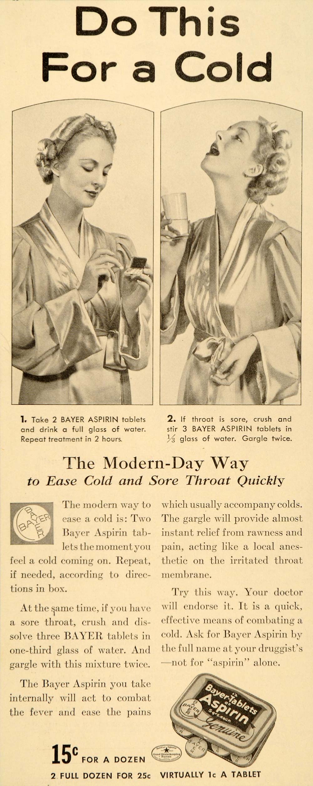 1937 Ad Bayer Aspirin Container Cold Sore Throat Relief - ORIGINAL PR2