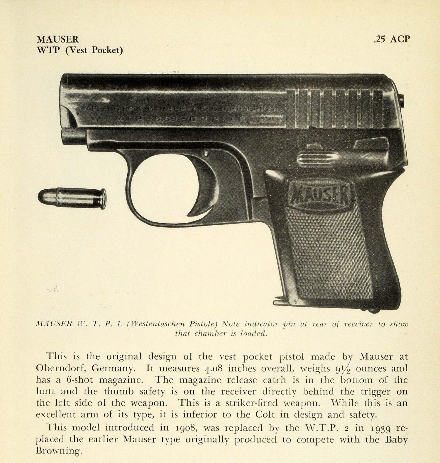 1948 Print .25 ACP German Mauser WTP Westentaschen Pistole Vest Pocket PR3