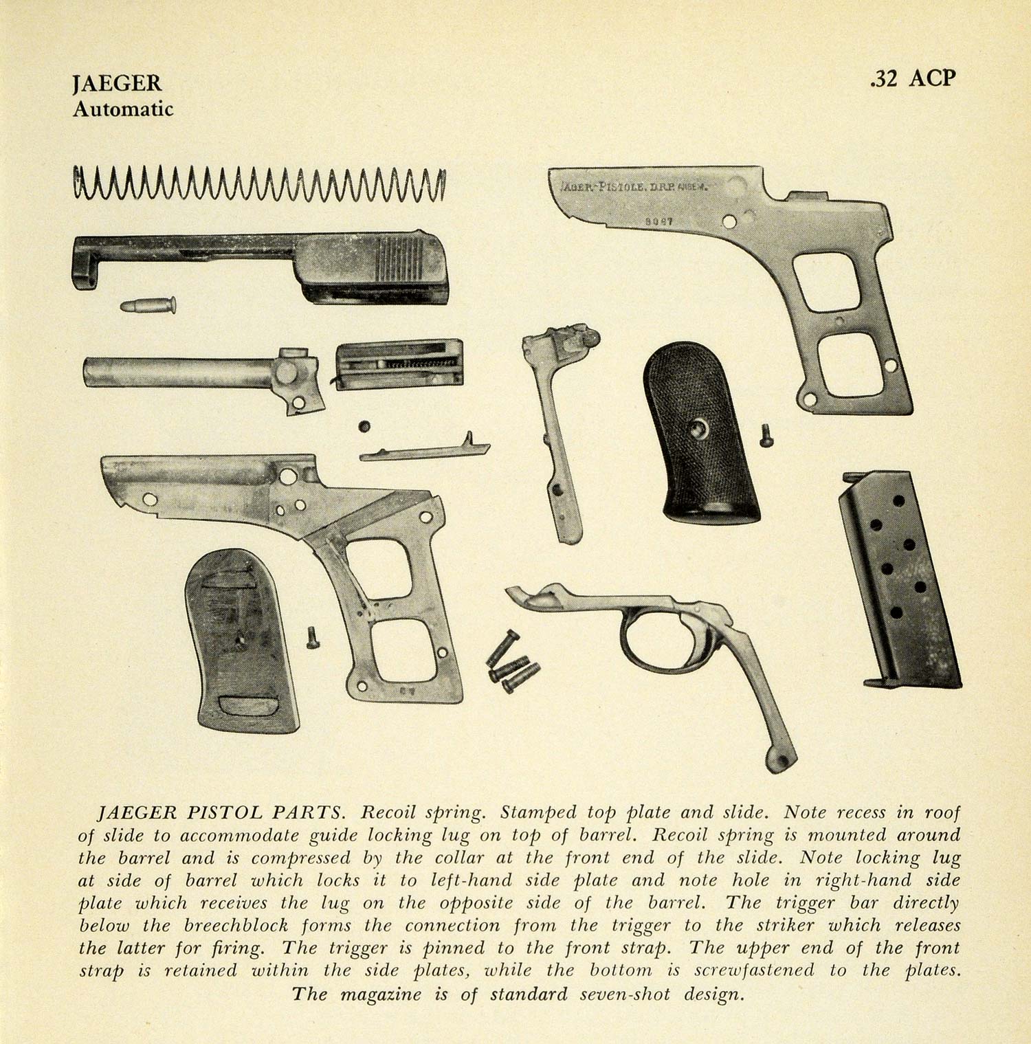 1948 Print .32 ACP Jaeger Automatic Pistol Parts Gun Dismantled Breechblock PR3