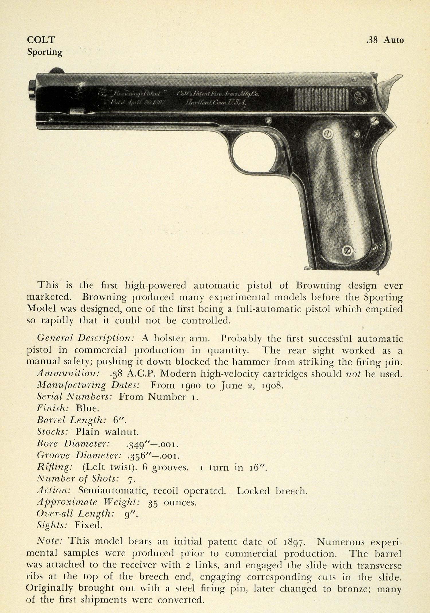1948 Print .38 ACP Automatic Colt Sporting Pistol Browning Design PR3