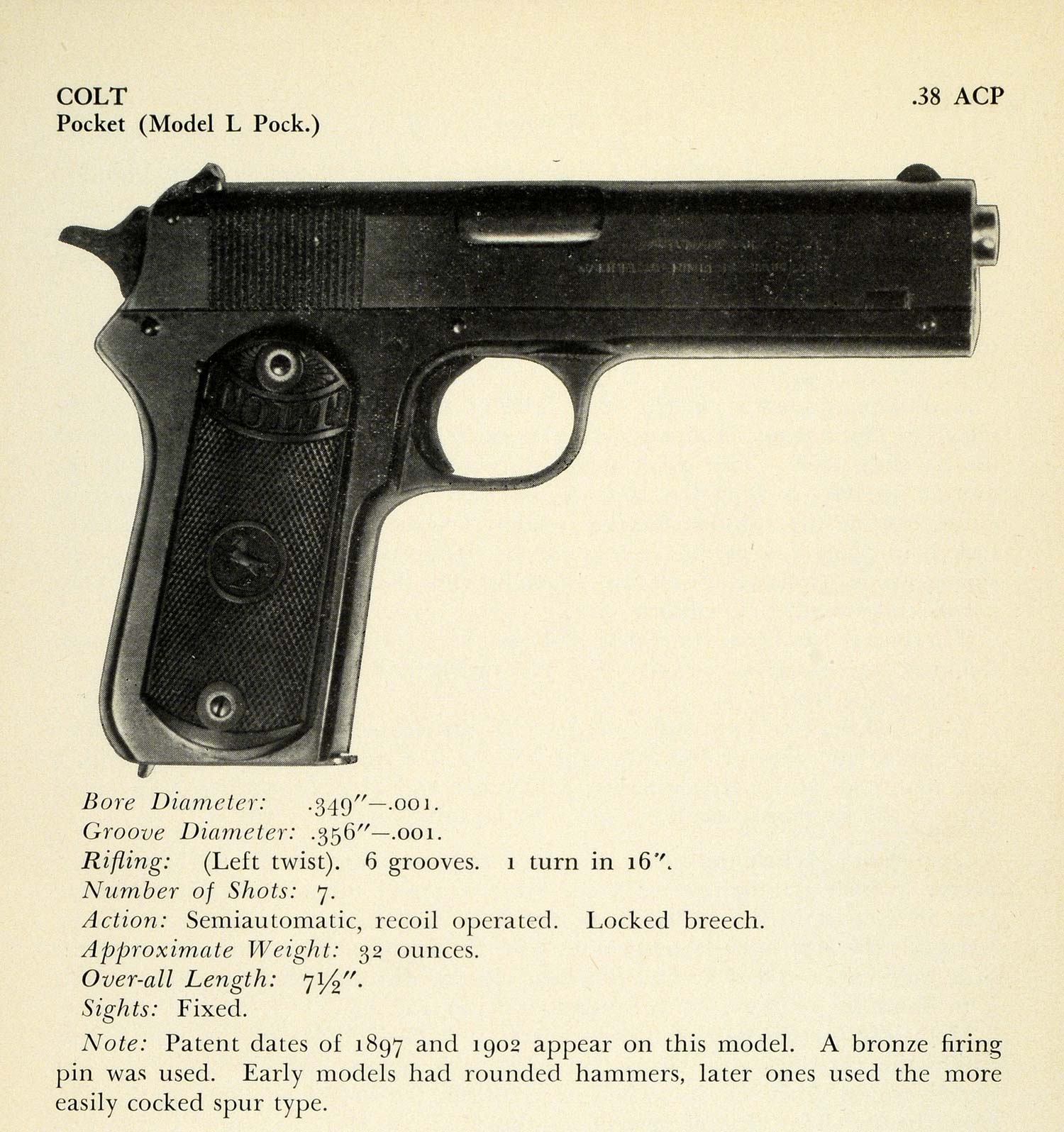 1948 Print .38 ACP Colt Model L Pocket Pistol Specifications Firearms PR3