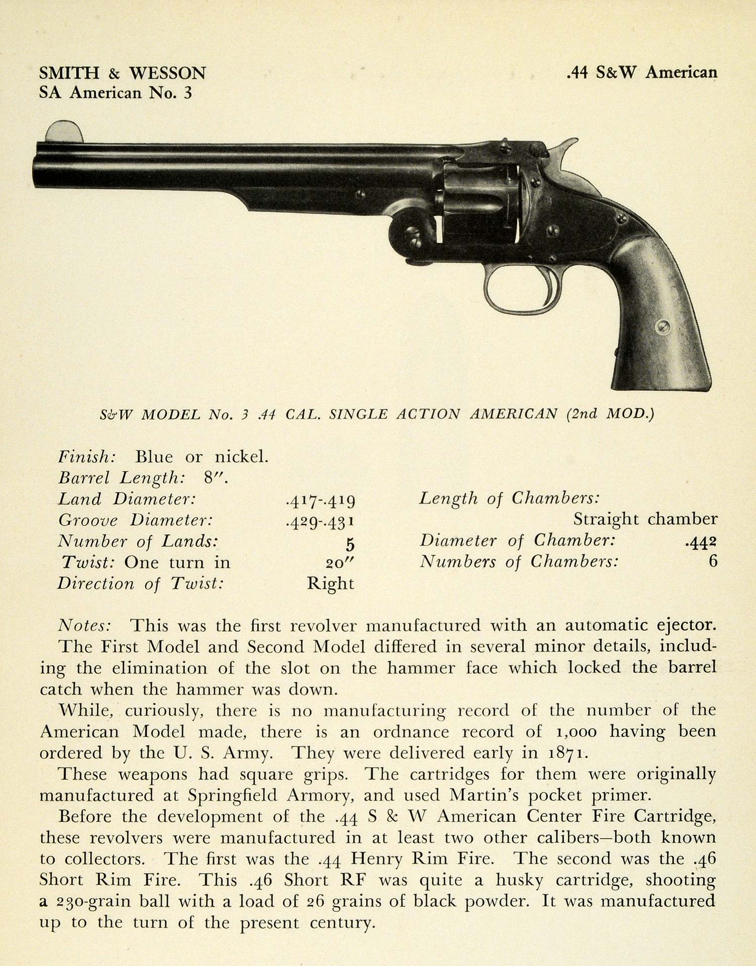 1948 Print .44 Smith Wesson SA American No. 3 Single Shot Long Barrel PR3