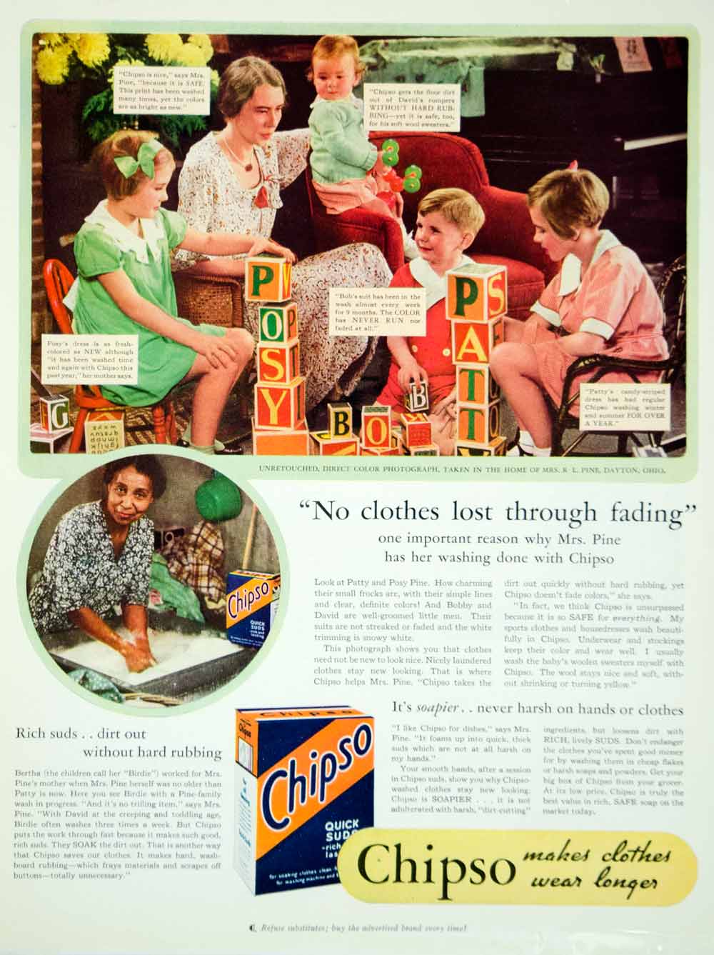 1934 Ad Chipso Laundry Detergent R. L. Pine Family Dayton Ohio Black Americana