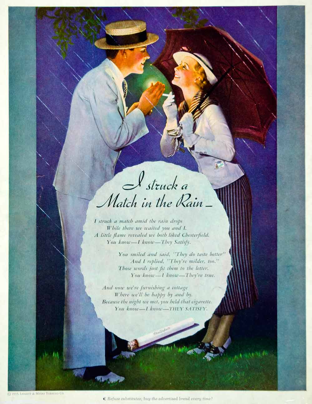 1935 Ad Vintage Chesterfield Cigarettes Lovers Romance Women Smoking Smokers