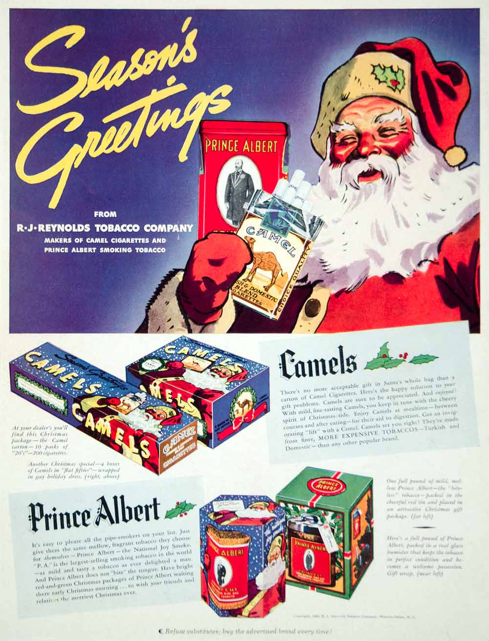 1937 Ad Christmas Camel Cigarettes Prince Albert Tobacco Vintage Santa Claus Art