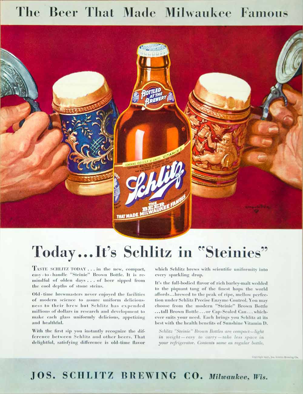 1937 Ad Vintage Schlitz Beer Steinie Bottle Stein Malcolm Daniel Charleson Art