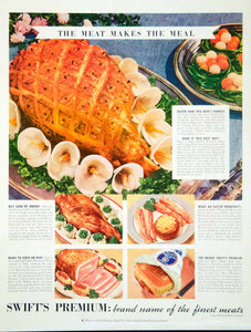 1937 Ad Vintage Swift's Premium Ham Lamb Bacon Easter Dinner Recipe Meats Food