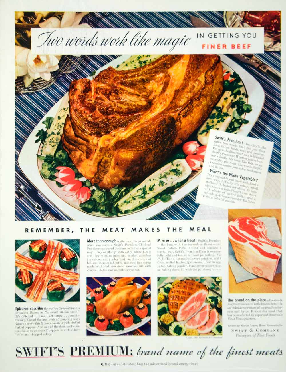1938 Ad Vintage Swift's Premium Beef Rib Pot Roast Chicken Ham Bacon M ...
