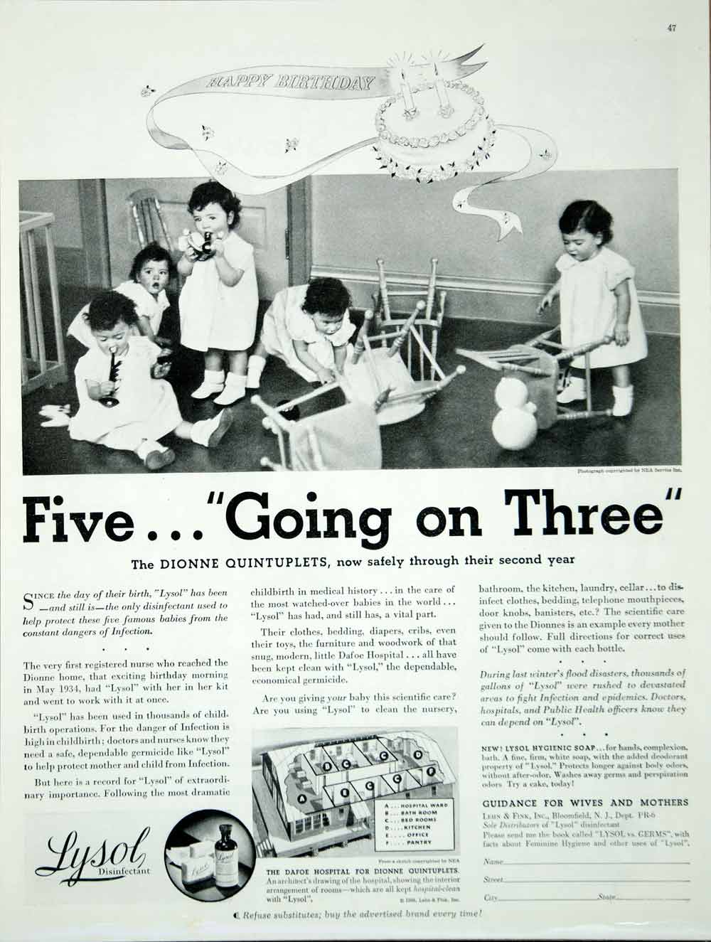 1936 Ad Lysol Disinfectant Dionne Quintuplets Two-Years-Old Famous Babies Quints
