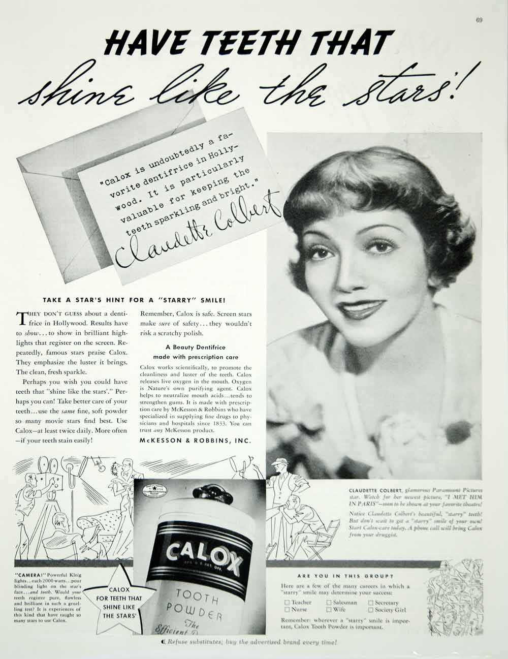 1937 Ad Vintage Calox Tooth Powder Toothpaste Dental Care Claudette Colbert Star
