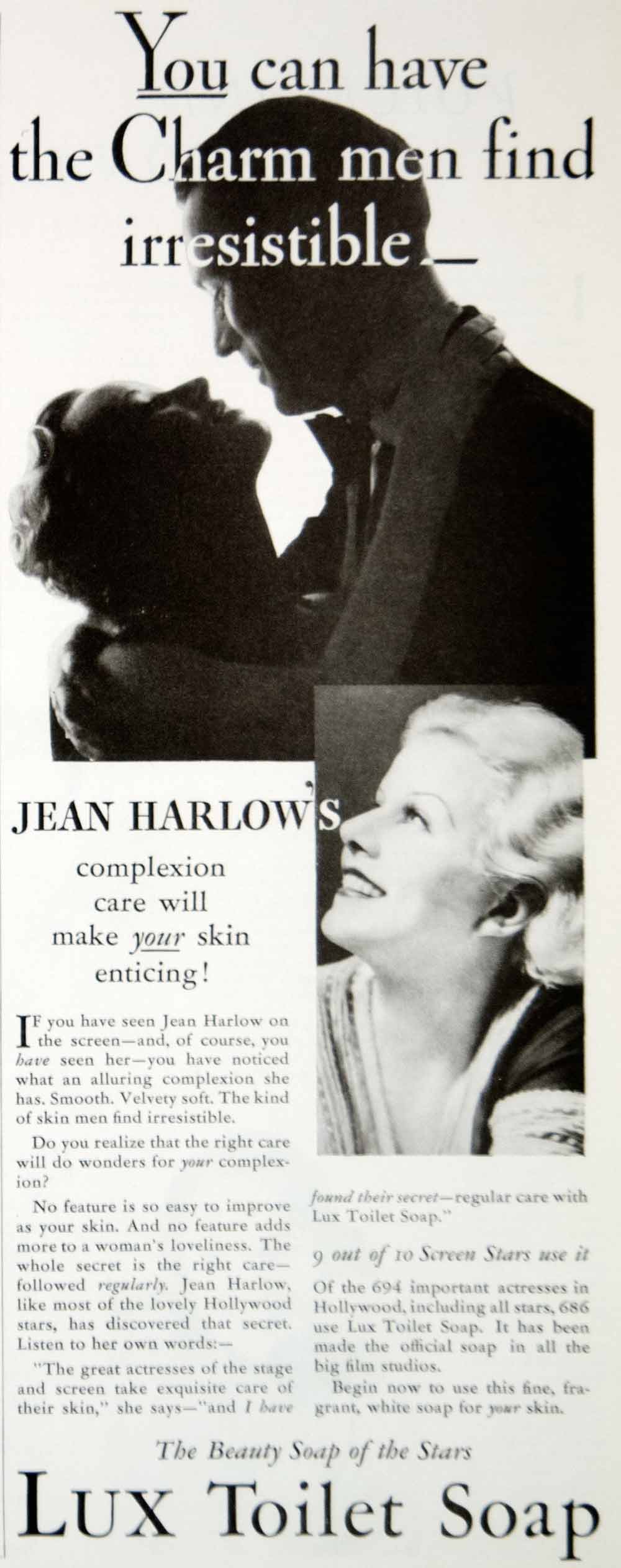 1933 Ad Vintage Lux Toilet Soap Jean Harlow Movie Actress Star Complexion Care