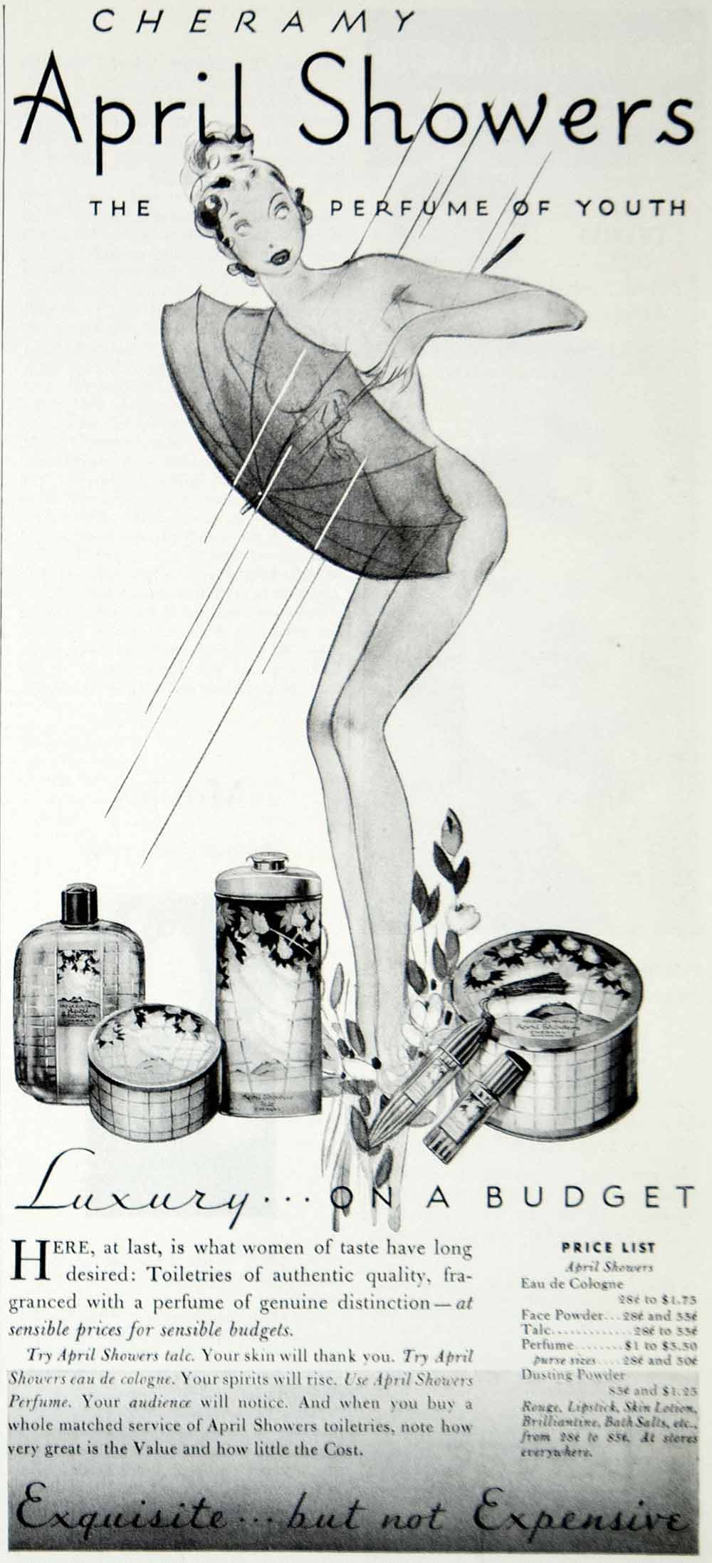 1936 Ad Vintage April Showers Perfume Cheramy Fragrance Nude Risque Toiletries