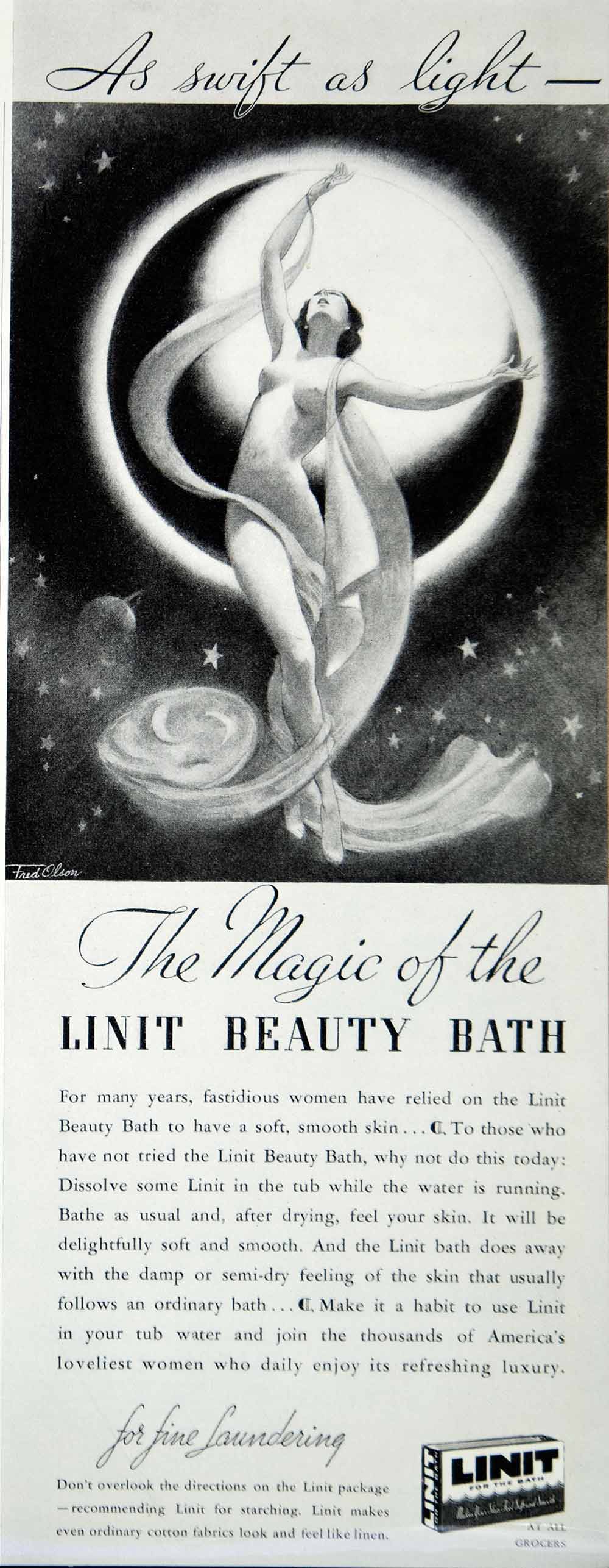 1936 Ad Vintage Linit Beauty Bath Fred Olson Illustration Art Nude Moon Risque