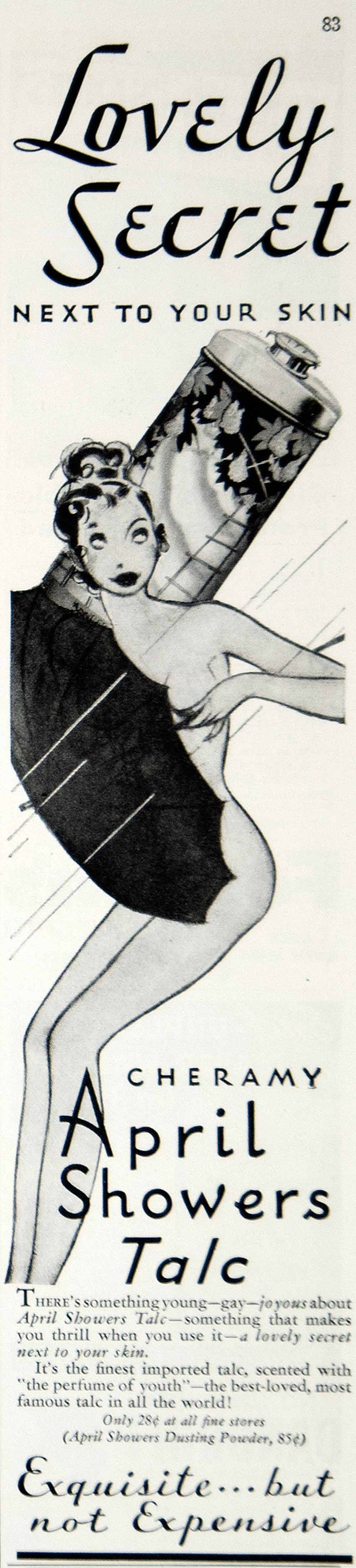 1937 Ad Vintage April Showers Talcum Powder Cheramy Fragrance Nude Art Risque