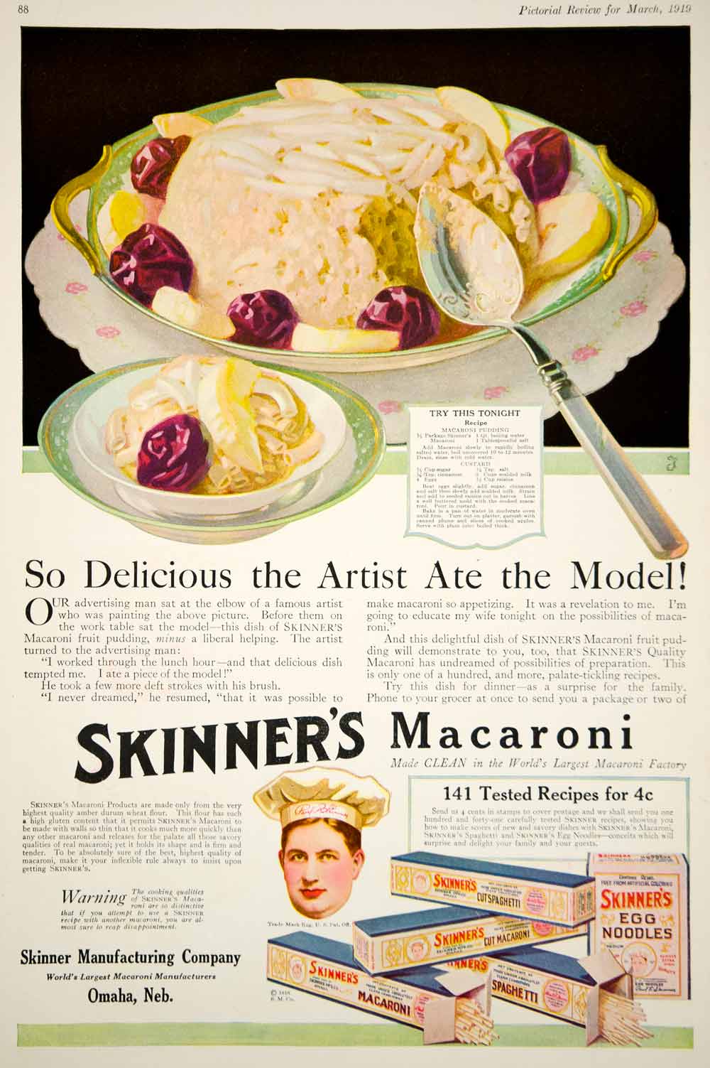 1919 Ad Vintage Skinner's Macaroni Pasta Spaghetti Egg Noodles Paul F. Skinner