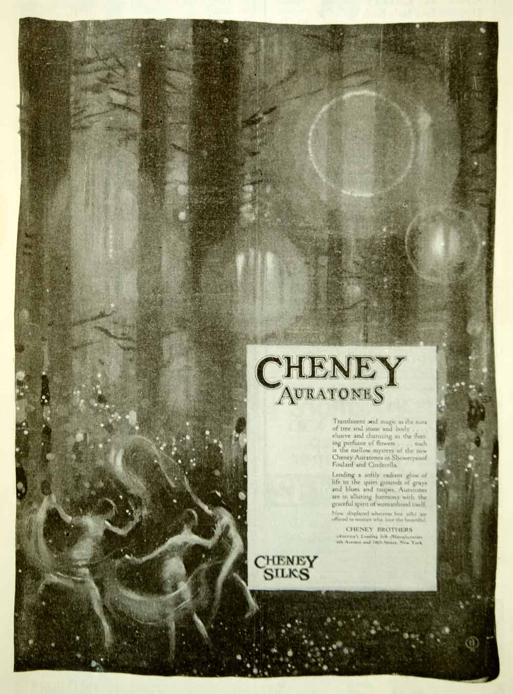 1919 Ad Vintage Cheney Brothers Auratone Fabric Silk Nude Dancers Fairies Forest