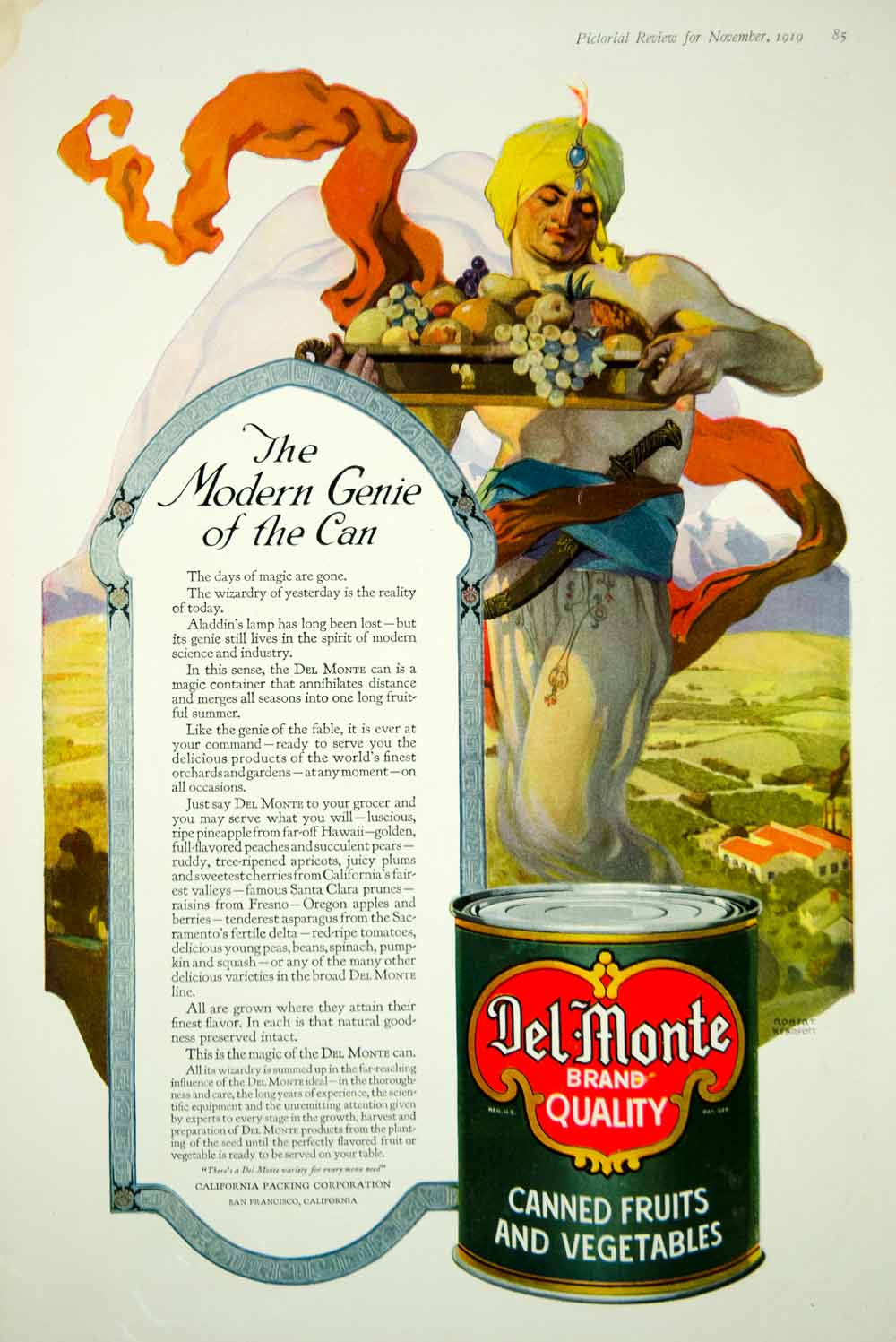 1919 Ad Vintage Del Monte Canned Vegetables Fruits Genie Robert Kearfott Art
