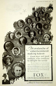 1919 Ad Fox Movie Entertainments Silent Film Stars Actors Writers Tom Mix Twain - Period Paper
