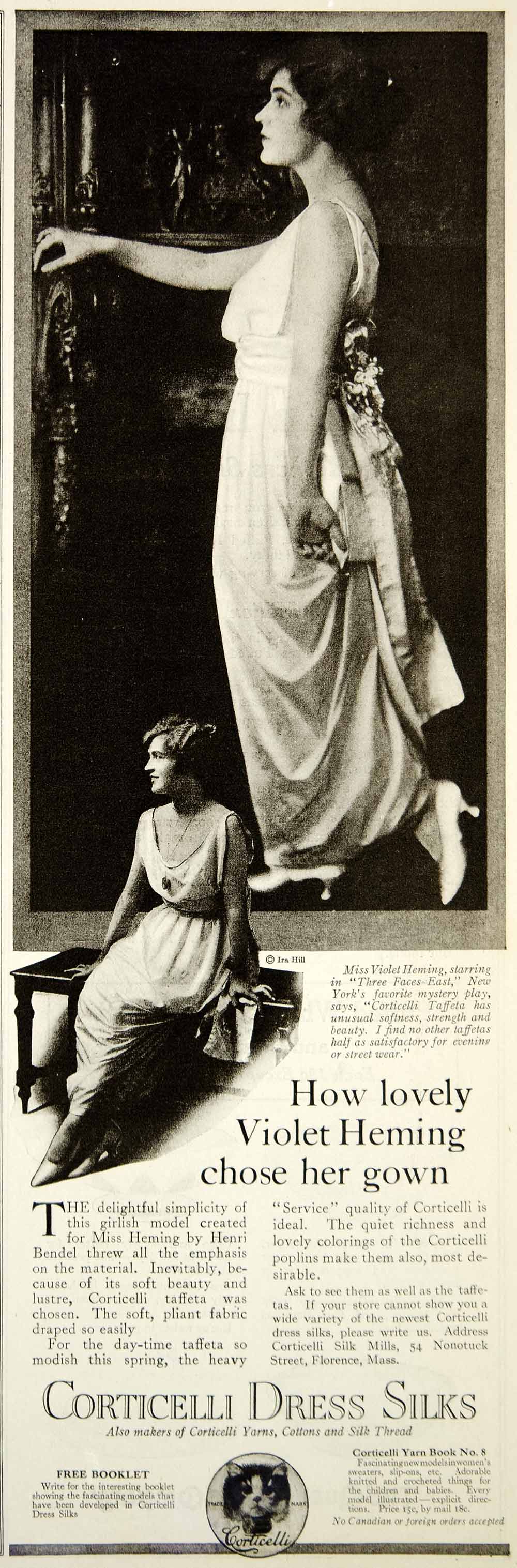 1919 Ad Vintage Corticelli Dress Silks Fashion Violet Heming Stage Movie Actress