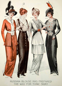 1913 Color Print Edwardian Fashion Illustrations Hobble Skirt Women Dress Suit
