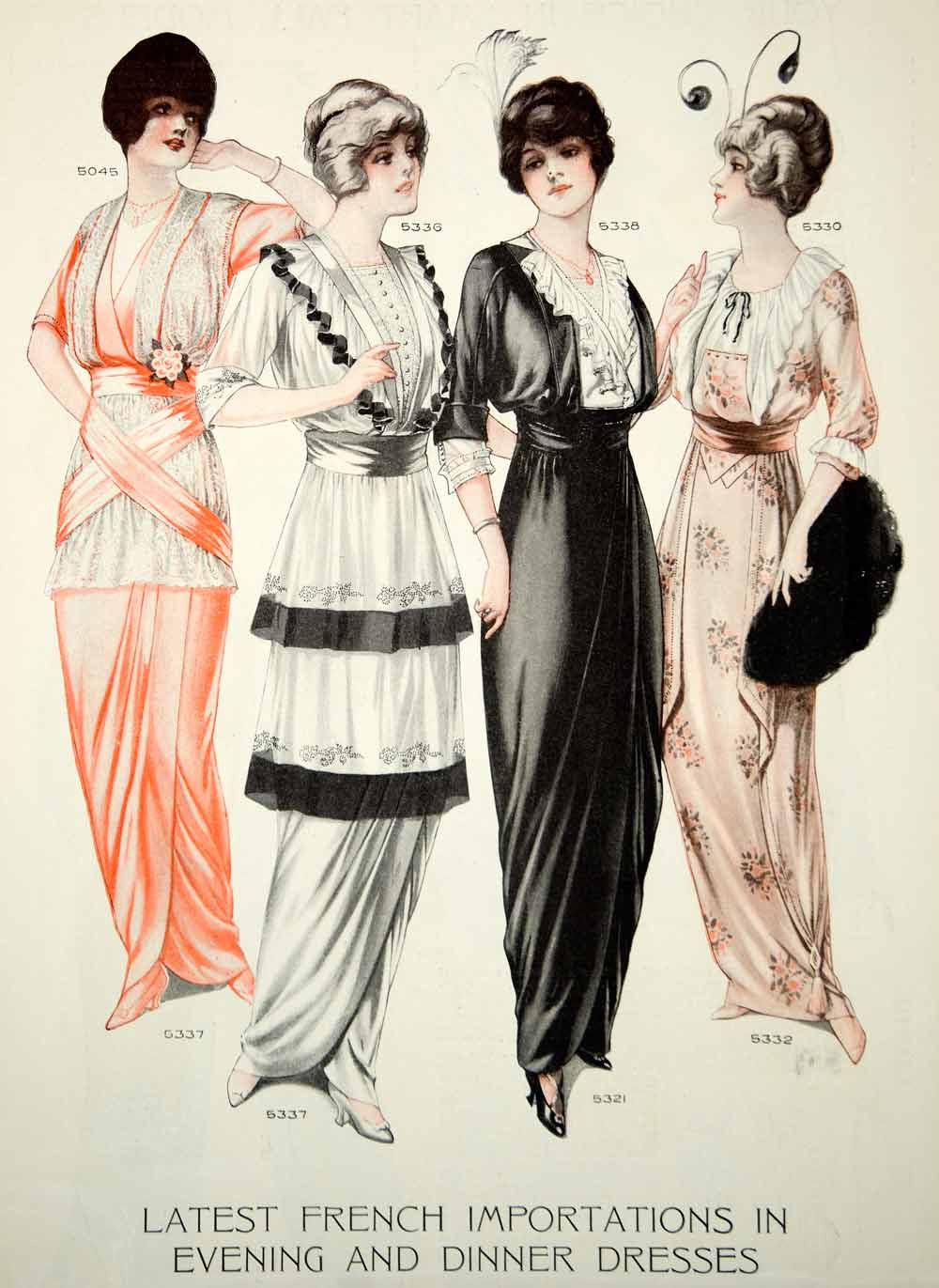 1913 Color Print Edwardian Fashion Illustration Evening Dinner Dress Gown Ladies - Period Paper
