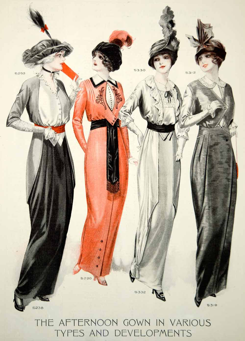 1913 Color Print Edwardian Fashion Illustration Art Afternoon Dress Hobble Skirt - Period Paper
