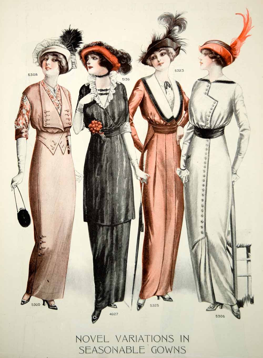 1913 Color Print Edwardian Fashion Illustrations Hobble Skirt Tunic Women Style